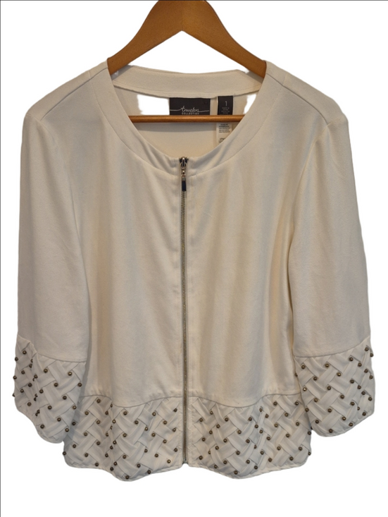 Chico's Jackets & Blazers - Chico's Travelers Cream Zip-Front Top with Decorative Hardware